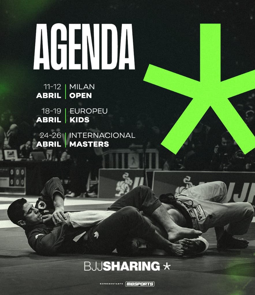 Agenda abril com eventos Milan Open, Europeu Kids e Internacional Masters, asterisco verde e logo BJJSHARING